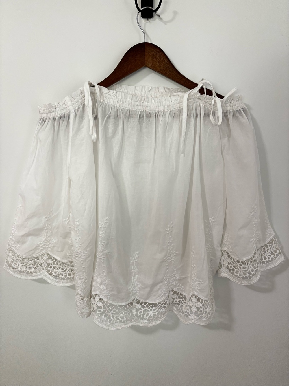 Lucky Brand White Embroidered Lace Off Shoulder Boho Bell Sleeve Top M